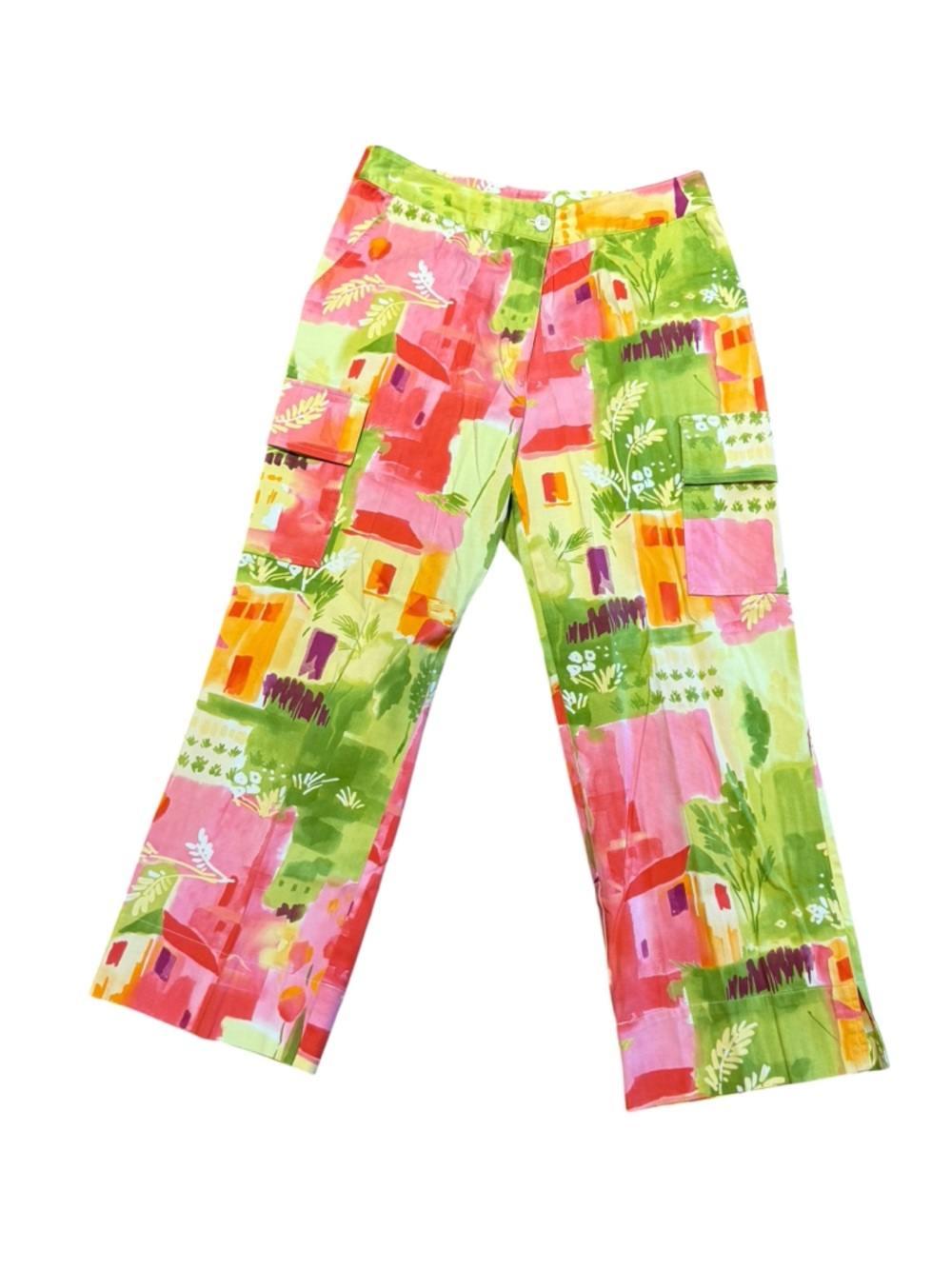 Catherine Stewart Colorful Abstract Print Capri Pants Womens 8 Pink Green Yellow
